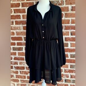 Pink Lily NWOT Black Long Sleeve Tiered Dress Elastic at Waist Button Front Med